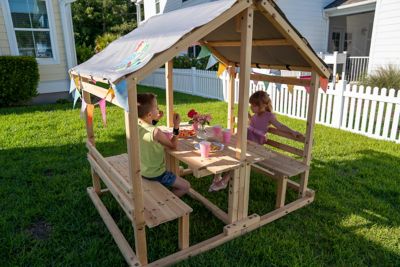 Image showing 5 th Funphix Kids Klubhouse Wooden Playhouse Outdoor Indoor, DIY Backyard Playhouse with Table & Benches