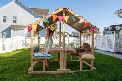 Image showing 6 th Funphix Kids Klubhouse Wooden Playhouse Outdoor Indoor, DIY Backyard Playhouse with Table & Benches