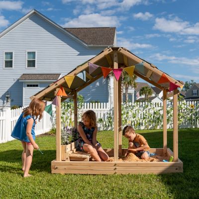 Funphix Dig N' Play Wooden Sandbox Playhouse with Bench & Flower Planter, Outdoor Sand Pit for Kids