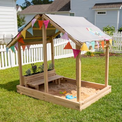 Image showing  Dig N' Play Wooden Sandbox Playhouse with Bench & Flower Planter, Outdoor Sand Pit for Kids