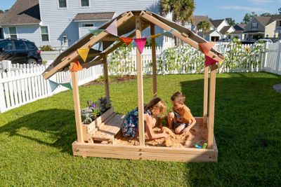 Image showing  Dig N' Play Wooden Sandbox Playhouse with Bench & Flower Planter, Outdoor Sand Pit for Kids
