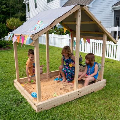Image showing 5 th Funphix Dig N' Play Wooden Sandbox Playhouse with Bench & Flower Planter, Outdoor Sand Pit for Kids