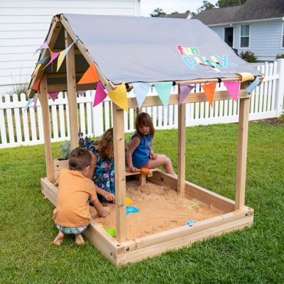 Image showing 6 th Funphix Dig N' Play Wooden Sandbox Playhouse with Bench & Flower Planter, Outdoor Sand Pit for Kids