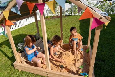 Image showing 7 th Funphix Dig N' Play Wooden Sandbox Playhouse with Bench & Flower Planter, Outdoor Sand Pit for Kids