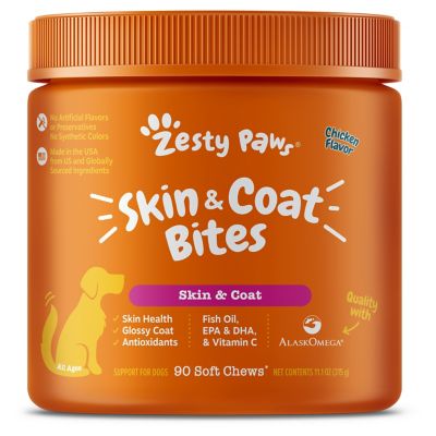 Zesty Paws Omega Bites Chewable Skin and Coat Supplements for Dogs, Chicken Flavor, 90 ct.