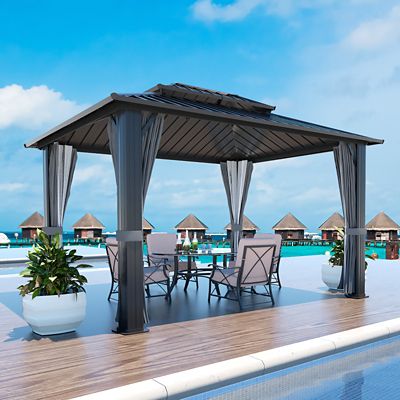 Veikous 12 ft. x 10 ft. x 9.4 ft. Aluminum Double Hardtop Gazebo with Curtains and Netting