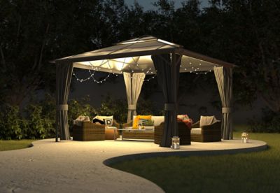 Veikous 12 ft. x 12 ft. Polycarbonate Double Top Gazebo with Gray Curtains and Netting