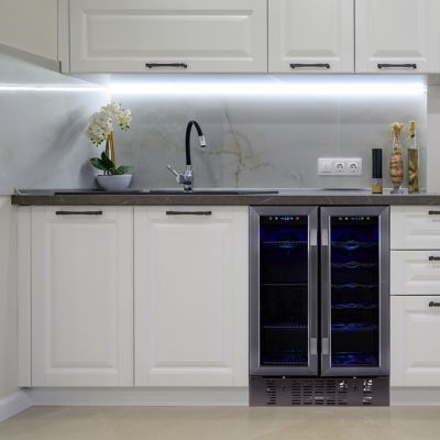 Image showing  24 in. Built-In Dual Zone 18 Bottle & 58 Can Wine & Beverage Refrigerator & Cooler in Black Stainless Steel, NWB076BS00