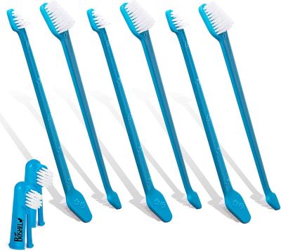 Boshel Dog Toothbrush Set - 8 Pack - 6 Long Handled Double-Sided Toothbrushes & 2 Finger Toothbrushes