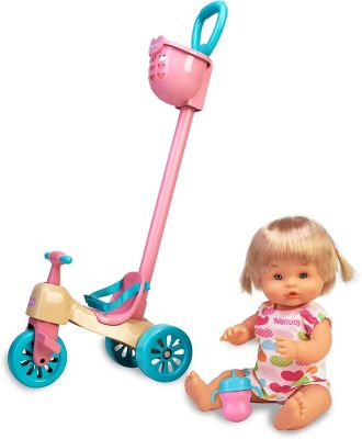 Nenuco Her Tricycle Baby Doll with Cute Dress, Pink Tricycle with Basket, Adjustable Handles, 700017103