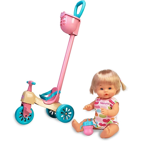 Nenuco Her Tricycle Baby Doll with Cute Dress, Pink Tricycle with Basket, Adjustable Handles, 700017103