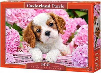 Castorland Pup in Pink Flowers 500 pc. Jigsaw Puzzle, Adult Puzzles, B-52233