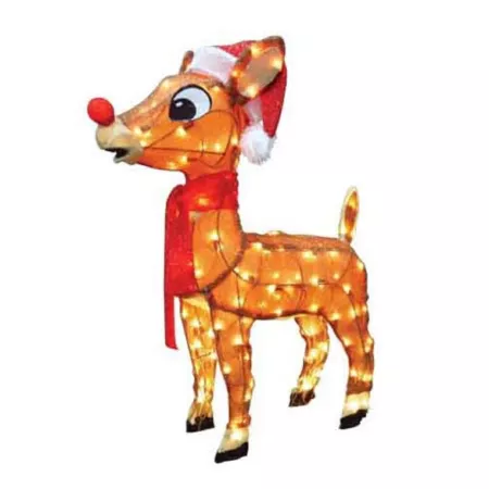 ProductWorks 32" 3D Pre-Lit Rudolph with Santa Hat and Scarf Yard Decor Christmas Statues