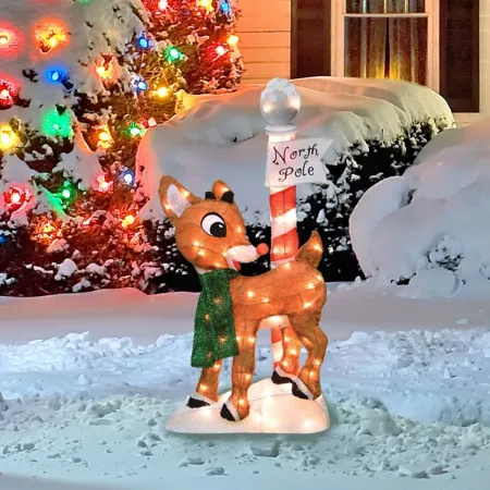 ProductWorks 32" 2D LED Pre-Lit Rudolph Post Yard Art Christmas Statues