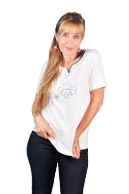 CCCStore Women's Seashell Stud Notch Collar Short Sleeve Knit Top