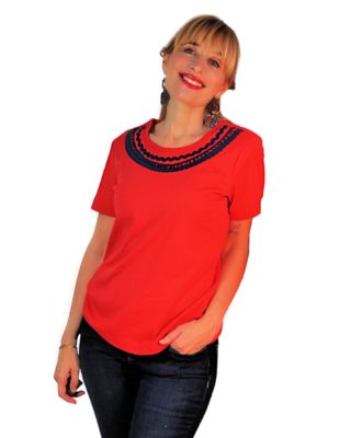 CCCStore Ric Rac Pom Pom Crew Neck Short Sleeve Knit Top