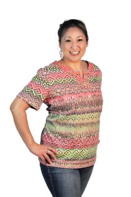 CCCStore Women's Short Sleeve Ric Rac Split Neck Printed Knit Top