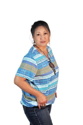 Image showing  Women's Short Sleeve Beaded Notch Collar Mixed Biadere Printed Top