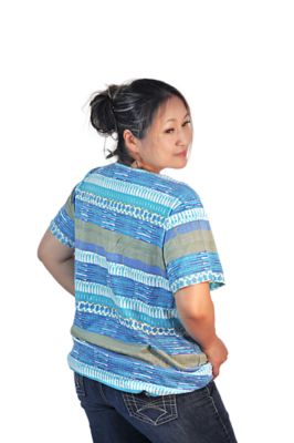 Image showing  Women's Short Sleeve Beaded Notch Collar Mixed Biadere Printed Top