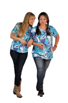 CCCStore Women's Short Sleeve Beaded Notch Collar Multi Fern Printed Top