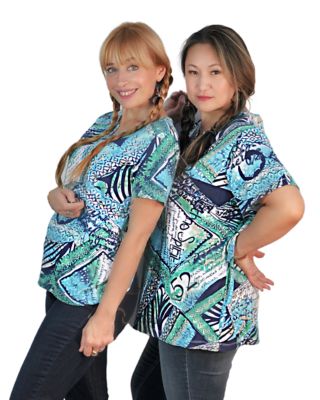 Image showing  Short Sleeve Beaded Notch Collar Postcard Mult Printed Top