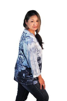 Image showing  Women's Three Quarter Sleeve Paisley Print Faux Henley with Heat Seal Studs