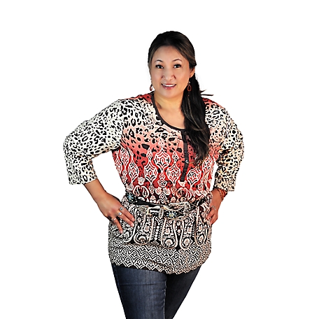 CCCStore Women's Three Quarter Sleeve Paisley Print Faux Henley with Heat Seal Studs