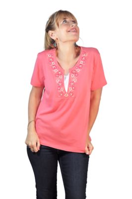 CCCStore Women's Short Sleeve Split Neck Embroidered 2 Fer Knit Top