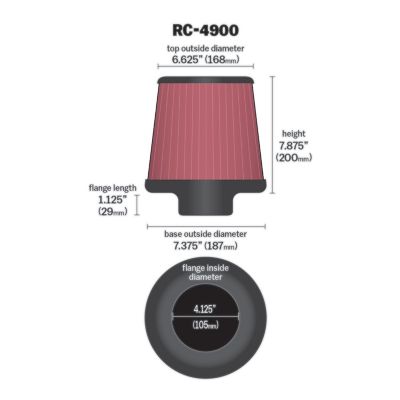 Image showing  Universal Air Filter: Flange Diameter: 4.125 In, Filter Height: 7.875 In, Flange Length: 1.125 In, Shape: Round, RC-4900