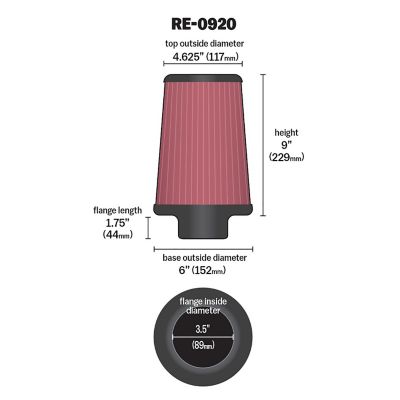 Image showing  9 in. Universal Round Tapered Air Filter, 3.5 in. x 1.75 in. FLG, RE-0920