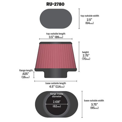 Image showing  2.75 in. Universal Oval Air Filter, 2.4 in. x 0.62 in. FLG