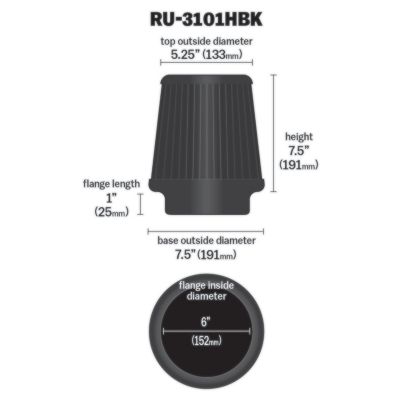 Image showing  7.5 in. Universal Round Tapered Air Filter, 6 in. x 1 in. FLG, RU-3101HBK