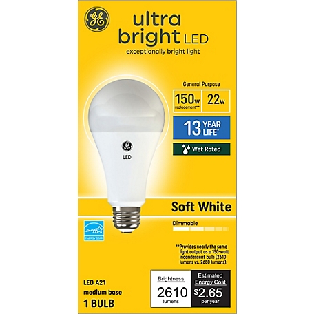 GE Ultra Bright LED Light Bulb, 150 Watts Replacement, Soft White, A21 Outdoor General Purpose Bulb