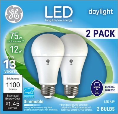 GE LED Light Bulbs, 75 Watts Replacement, Daylight, A19 General Purpose Bulbs (2 Pack)