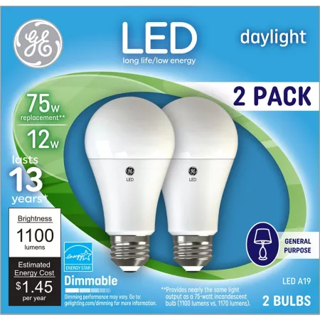 GE A19 General Purpose LED Light Bulbs 75 Watt Equivalent 1100 Lumens Daylight 5000K 2-Pack LED Light Bulbs