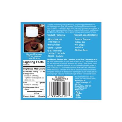 Image showing  75 Watt Equivalent 1,100-Lumen A19 General Purpose LED Light Bulbs, Daylight, 5,000K, 2-Pack