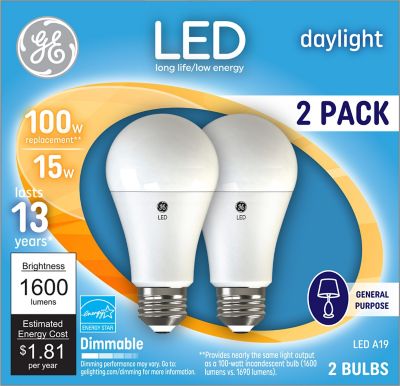 GE 100W Equivalent 1,600 Lumen A19 Replacement General Purpose LED Daylight Bulbs, 2-Pack