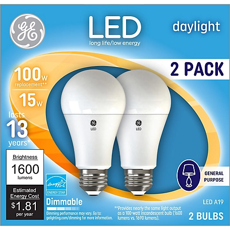 GE 100W Equivalent 1,600 Lumen A19 Replacement General Purpose LED Daylight Bulbs, 2-Pack