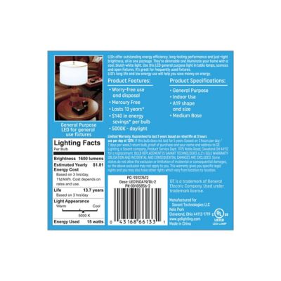 Image showing  100 Watt Equivalent 1,600-Lumen A19 General Purpose LED Light Bulbs, Daylight, 5,000K, 2-Pack