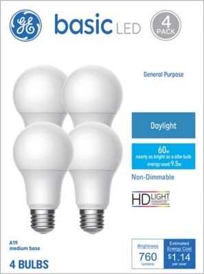 GE Basic LED Light Bulbs, 60 Watt Replacement, Daylight, A19 General Purpose Bulbs (4 Pack)