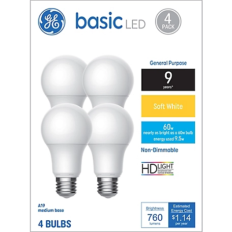 GE Basic LED Light Bulbs, 60 Watt Replacement, Soft White, A19 General Purpose Bulbs (4 Pack)