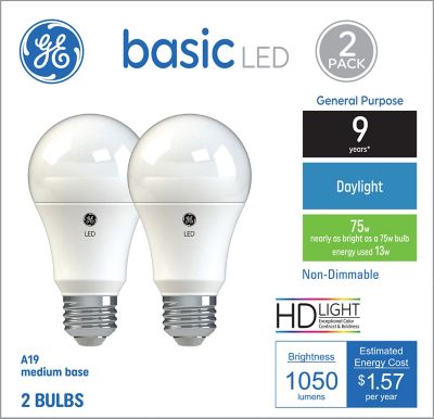 GE 75W Equivalent 1,050 Lumen A19 Replacement Basic General Purpose LED Daylight Bulbs, 2-Pack