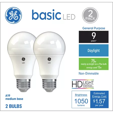 GE A19 General Purpose Base Replacement LED Light Bulb 75 Watt Equivalent 1050 Lumens Daylight 5000K 2-Pack LED Light Bulbs