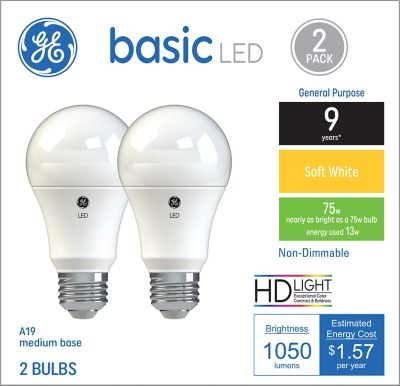 GE 75 Watt Equivalent 1,050-Lumen A19 General Purpose LED Light Bulbs, Soft White, 2,700K, 2-Pack
