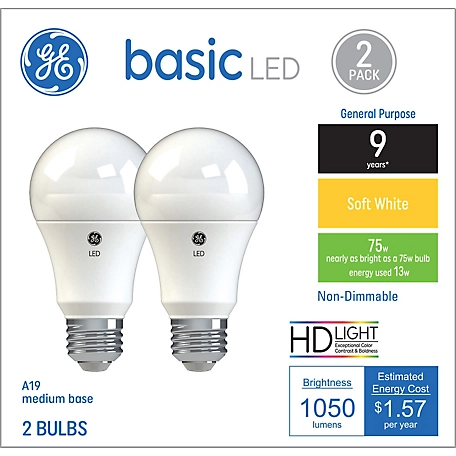 GE Basic LED Light Bulbs, 75 Watt Replacement, Soft White, A19 General Purpose Bulbs (2 Pack)