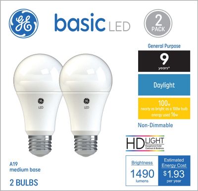 GE Basic LED Light Bulbs, 100 Watt Replacement, Daylight, A19 General Purpose (2 Pack)