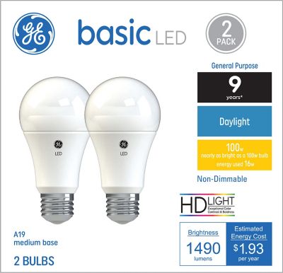GE 100 Watt Equivalent 1,490-Lumen A19 General Purpose LED Light Bulbs, Daylight, 5,000K, 2-Pack