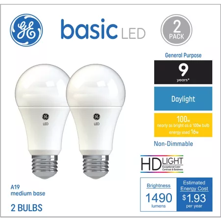 GE A19 General Purpose LED Light Bulbs 100 Watt Equivalent 1490 Lumens Daylight 5000K 2-Pack LED Light Bulbs