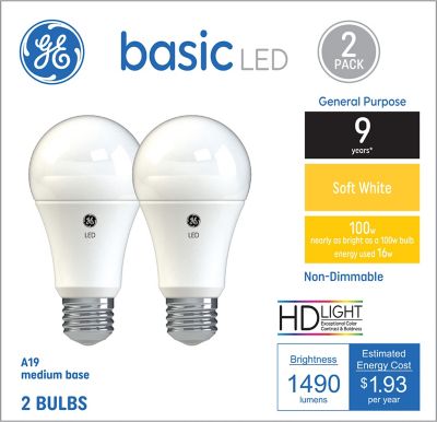 GE Basic LED Light Bulbs, 100 Watt Replacement, Soft White, A19 General Purpose Bulbs (2 Pack)