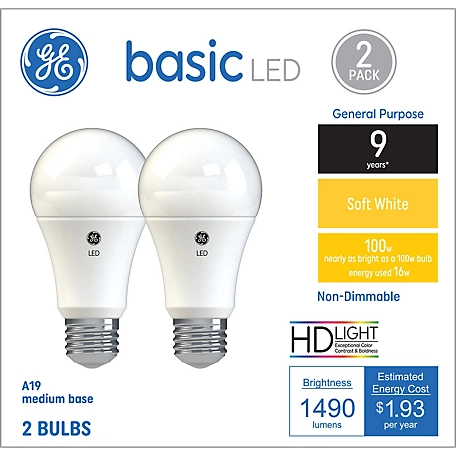 GE Basic LED Light Bulbs, 100 Watt Replacement, Soft White, A19 General Purpose Bulbs (2 Pack)